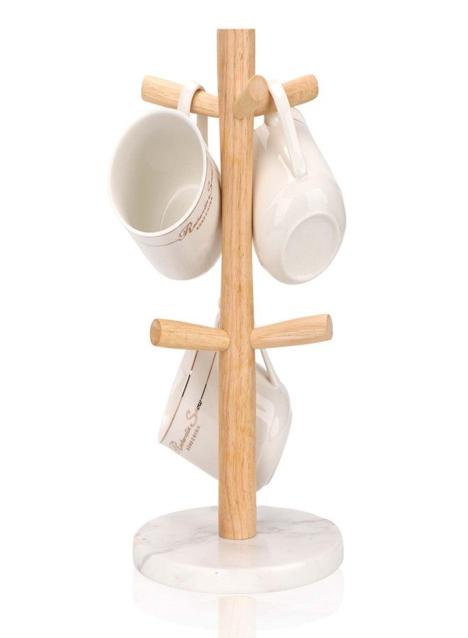 WORHE Mug Holder Marble Base with 6 Hooks Coffee Cup Rack Organizer for Countertop, Round Mugs Stand Hanger for Kitchen Counter Cabinet Bar Accessories and Home Decor White (MH001) - Image 1